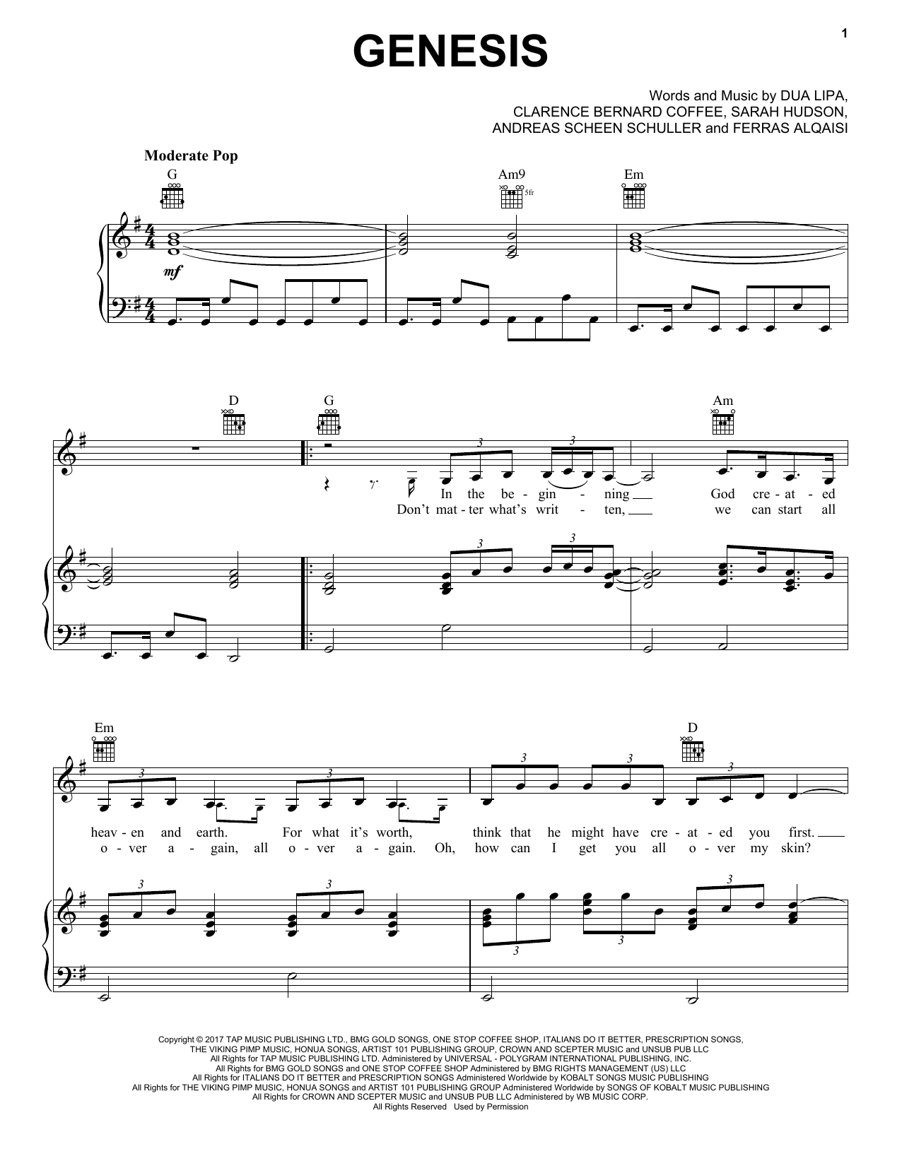 Dua Lipa Genesis sheet music notes and chords arranged for Piano, Vocal & Guitar Chords (Right-Hand Melody)