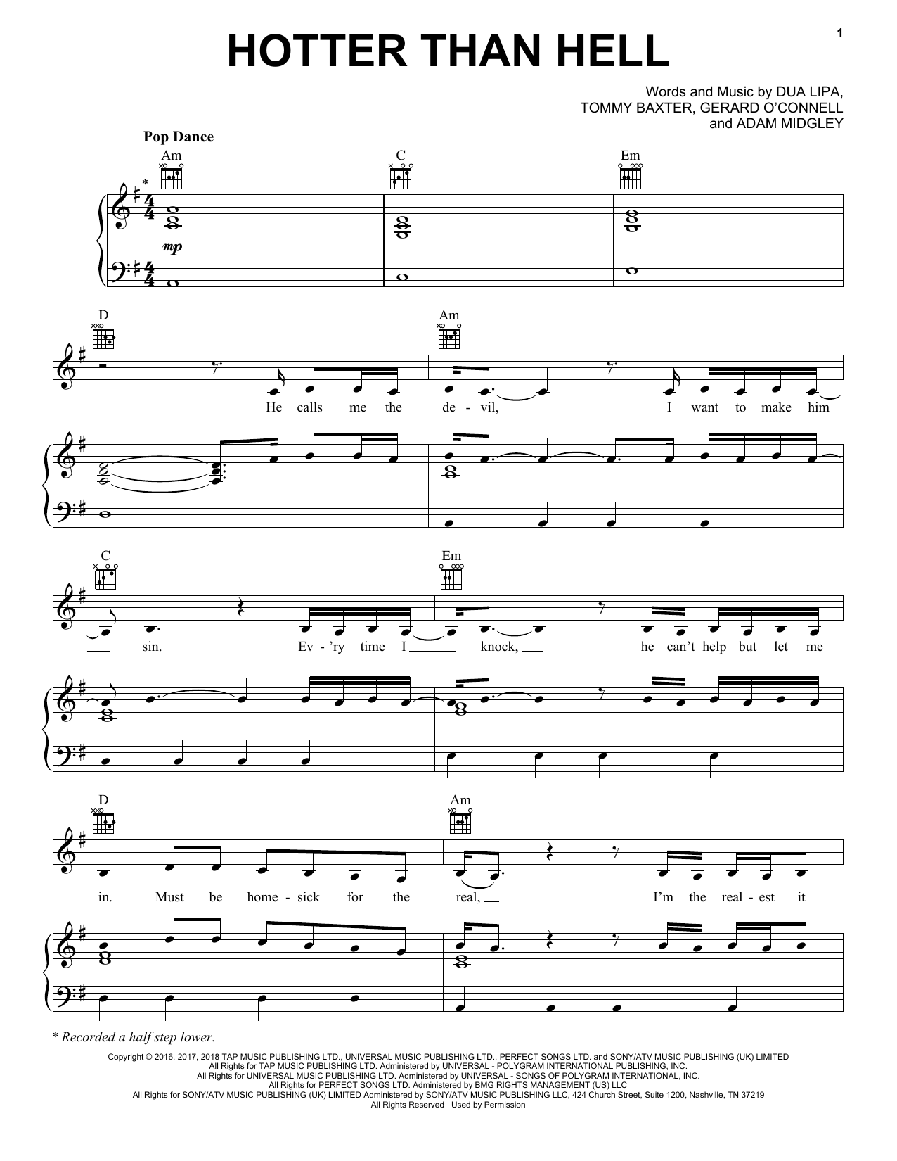 Dua Lipa Hotter Than Hell sheet music notes and chords arranged for Piano, Vocal & Guitar Chords (Right-Hand Melody)