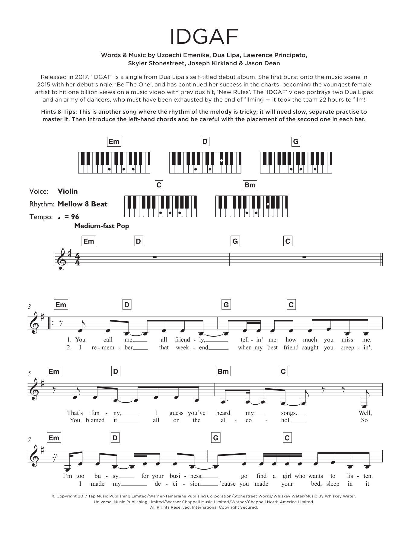 Dua Lipa IDGAF sheet music notes and chords arranged for Piano, Vocal & Guitar Chords (Right-Hand Melody)