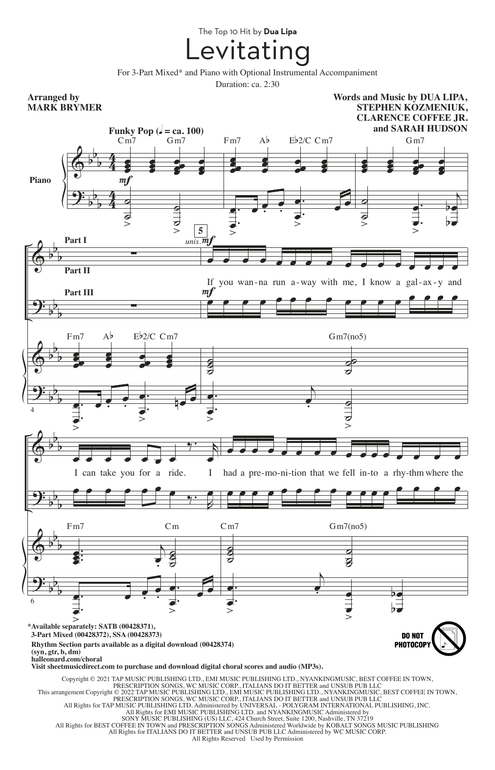 Dua Lipa Levitating (arr. Mark Brymer) sheet music notes and chords arranged for 3-Part Mixed Choir
