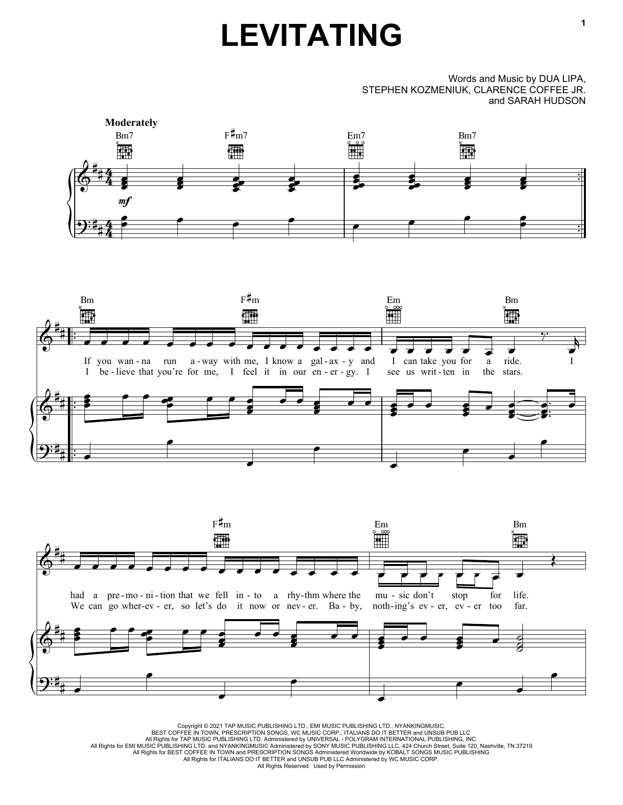 Dua Lipa Levitating sheet music notes and chords arranged for Piano, Vocal & Guitar Chords (Right-Hand Melody)