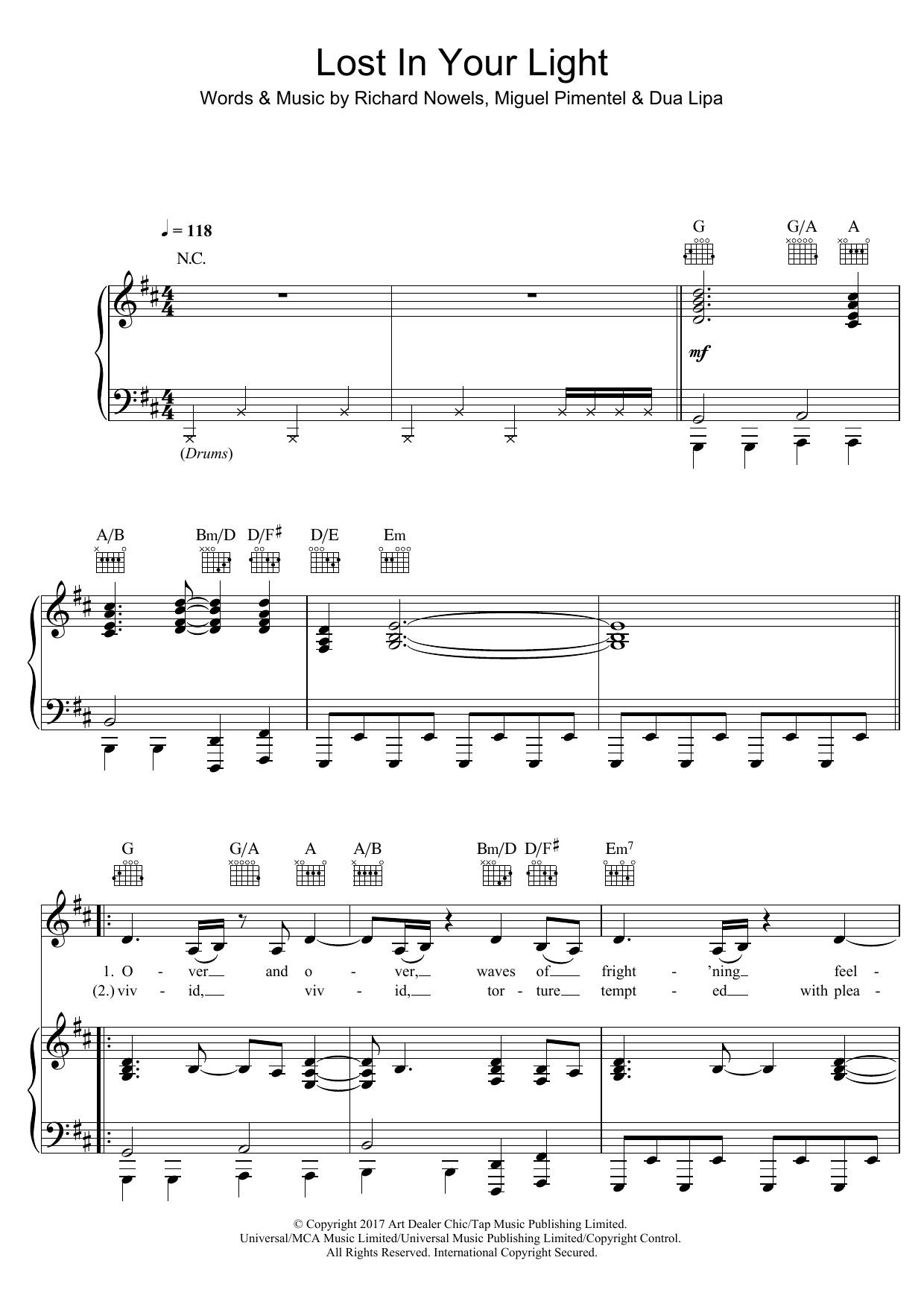 Dua Lipa Lost In Your Light (featuring Miguel) sheet music notes and chords arranged for Piano, Vocal & Guitar Chords