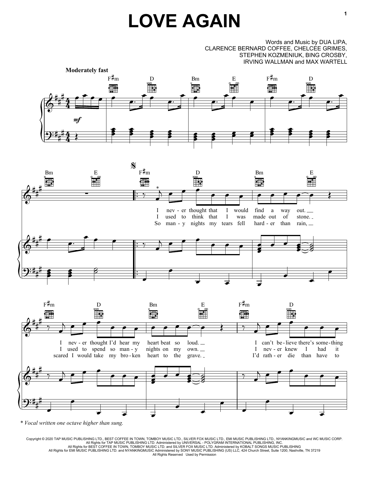 Dua Lipa Love Again sheet music notes and chords arranged for Piano, Vocal & Guitar Chords (Right-Hand Melody)