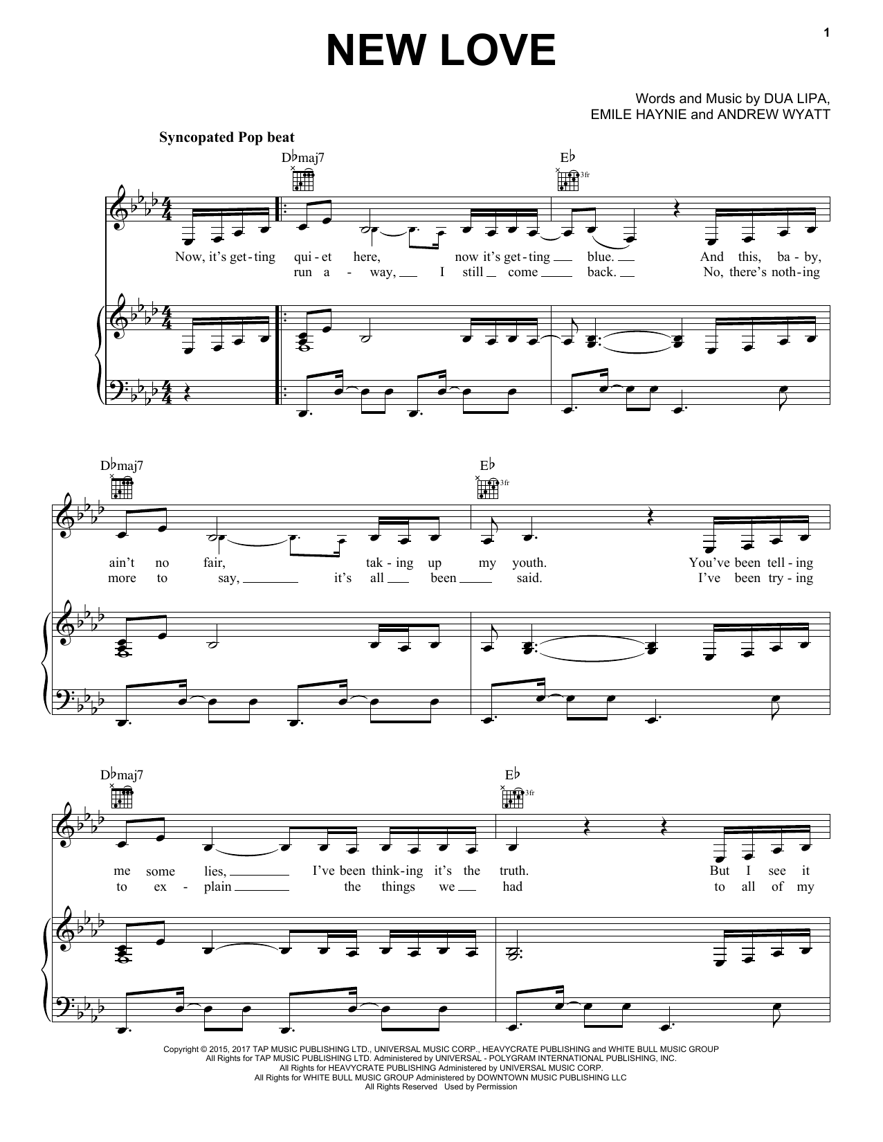 Dua Lipa New Love sheet music notes and chords arranged for Piano, Vocal & Guitar Chords (Right-Hand Melody)