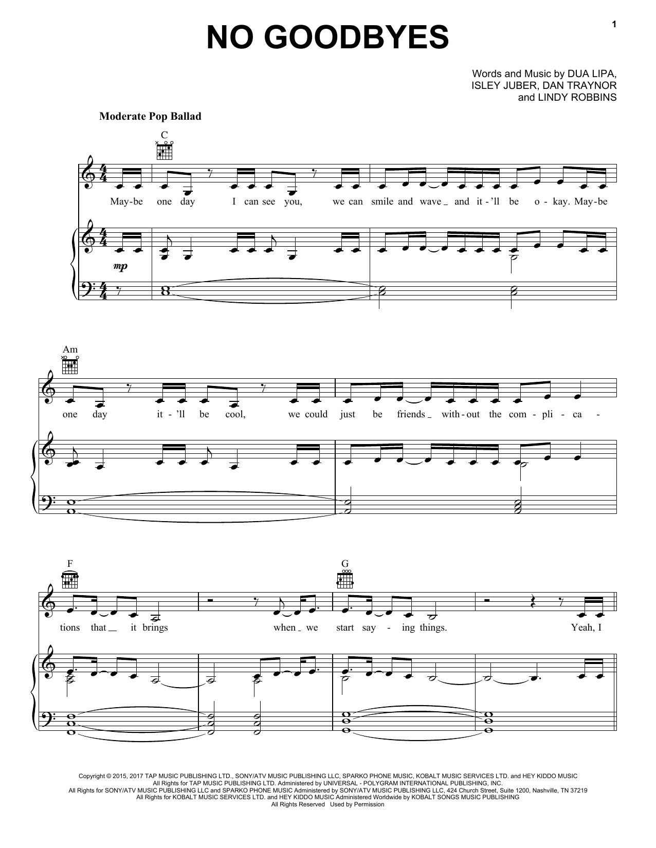 Dua Lipa No Goodbyes sheet music notes and chords arranged for Piano, Vocal & Guitar Chords (Right-Hand Melody)