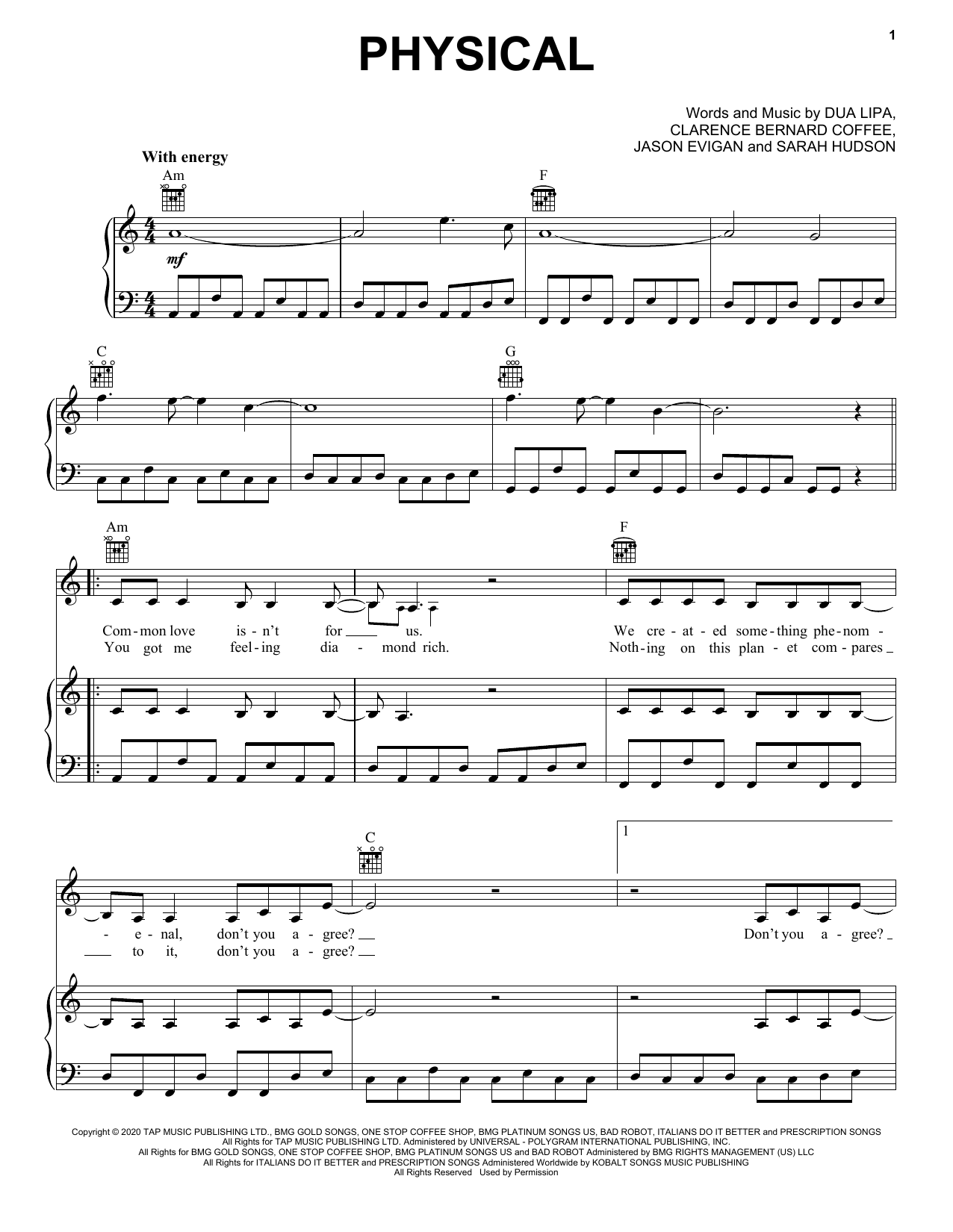 Dua Lipa Physical sheet music notes and chords arranged for Piano, Vocal & Guitar Chords (Right-Hand Melody)