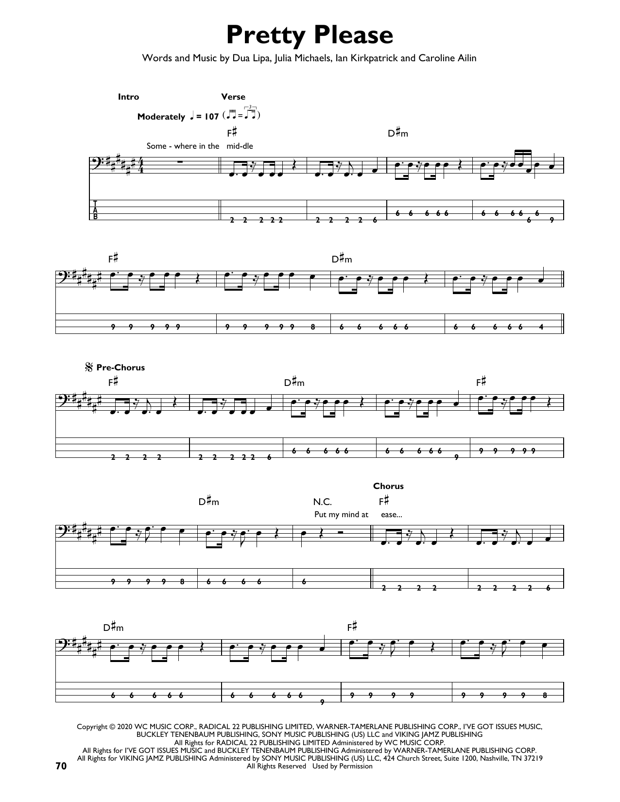 Dua Lipa Pretty Please sheet music notes and chords arranged for Easy Bass Tab