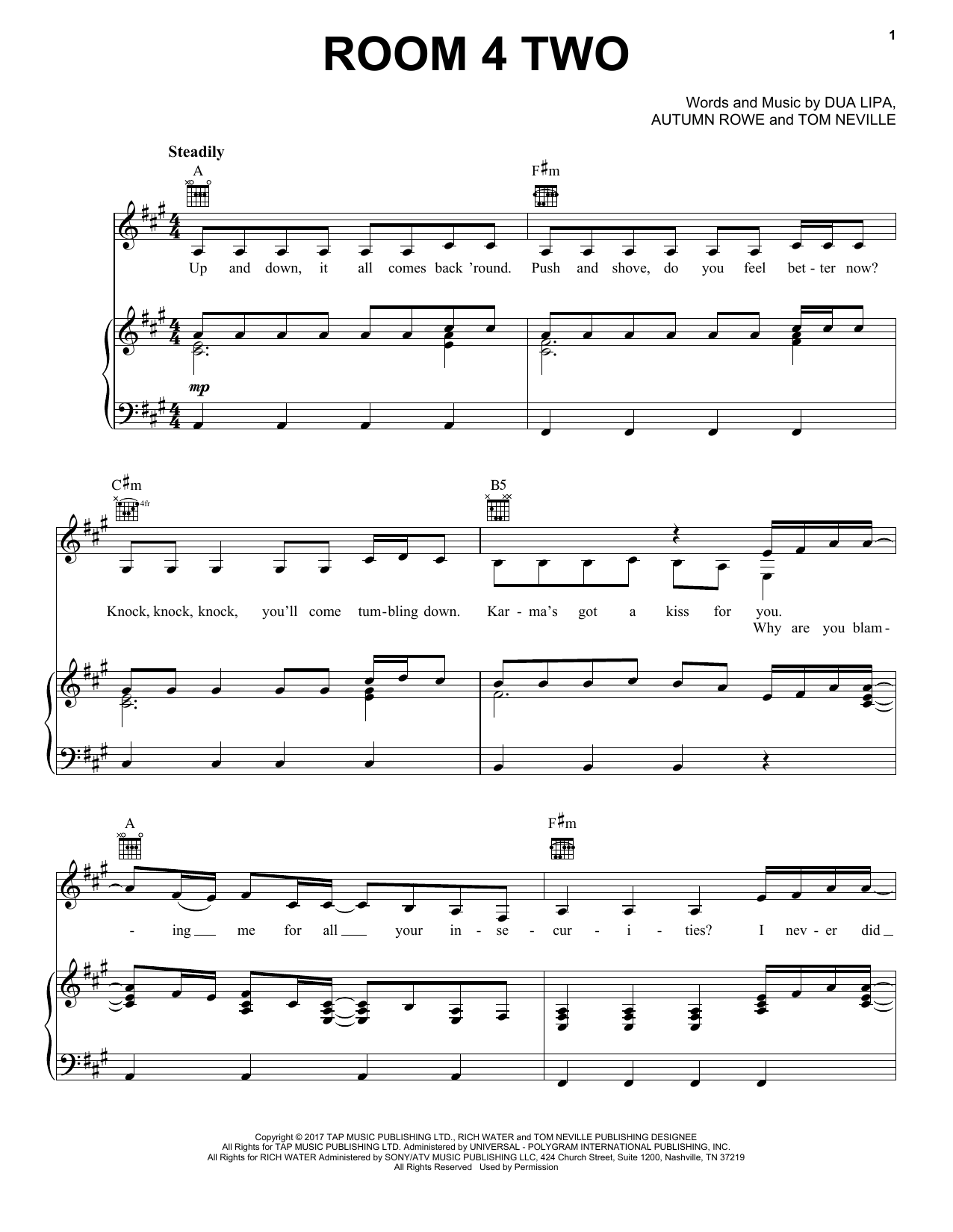 Dua Lipa Room 4 Two sheet music notes and chords arranged for Piano, Vocal & Guitar Chords (Right-Hand Melody)