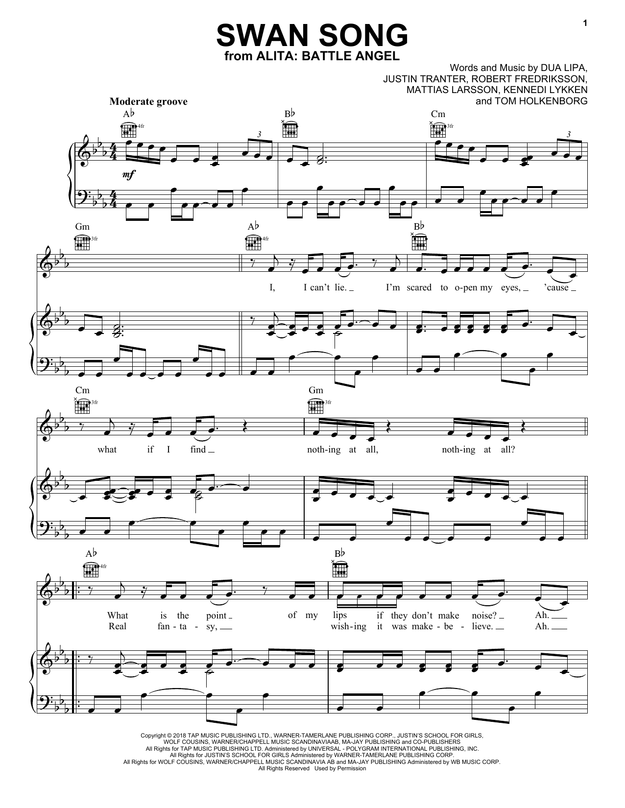 Dua Lipa Swan Song (from Alita: Battle Angel) sheet music notes and chords arranged for Piano, Vocal & Guitar Chords (Right-Hand Melody)