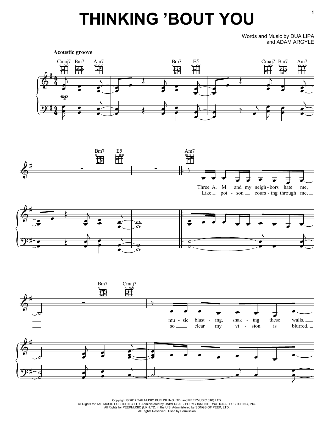 Dua Lipa Thinking 'Bout You sheet music notes and chords arranged for Piano, Vocal & Guitar Chords (Right-Hand Melody)