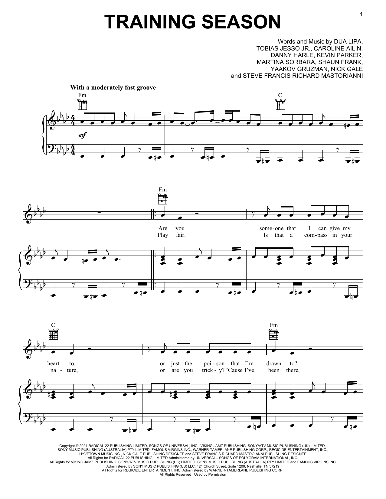 Dua Lipa Training Season sheet music notes and chords arranged for Piano, Vocal & Guitar Chords (Right-Hand Melody)