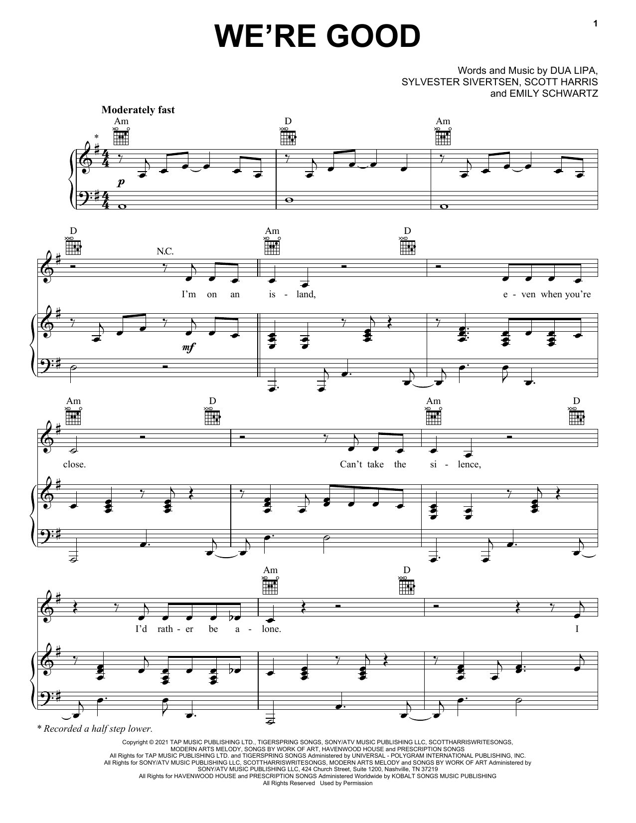 Dua Lipa We're Good sheet music notes and chords arranged for Piano, Vocal & Guitar Chords (Right-Hand Melody)