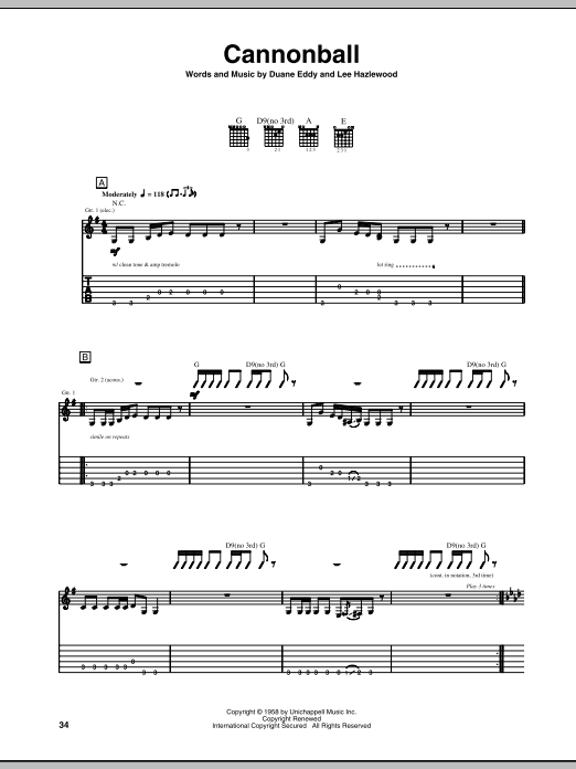 Duane Eddy Cannonball sheet music notes and chords arranged for Guitar Tab
