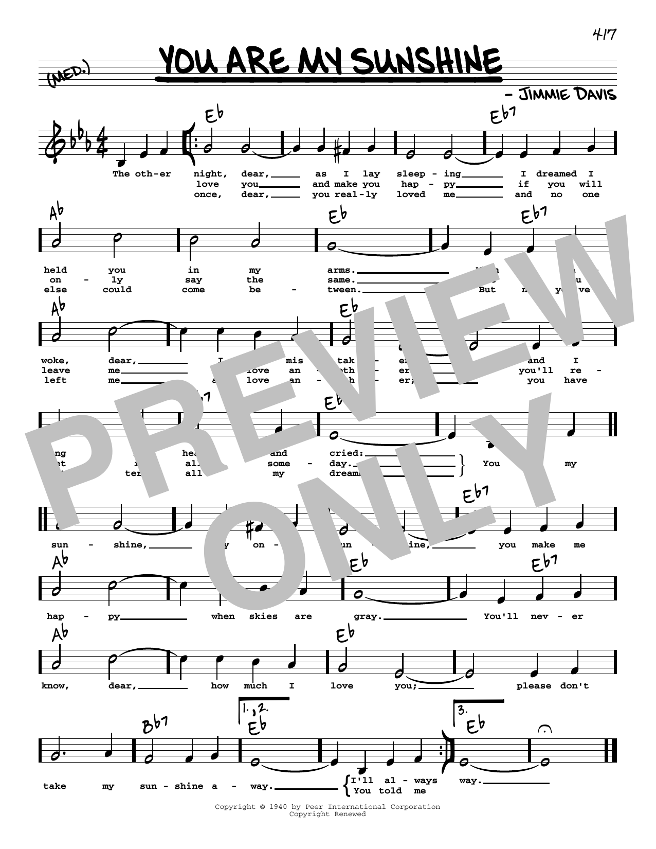 Duane Eddy You Are My Sunshine (Low Voice) sheet music notes and chords arranged for Real Book – Melody, Lyrics & Chords