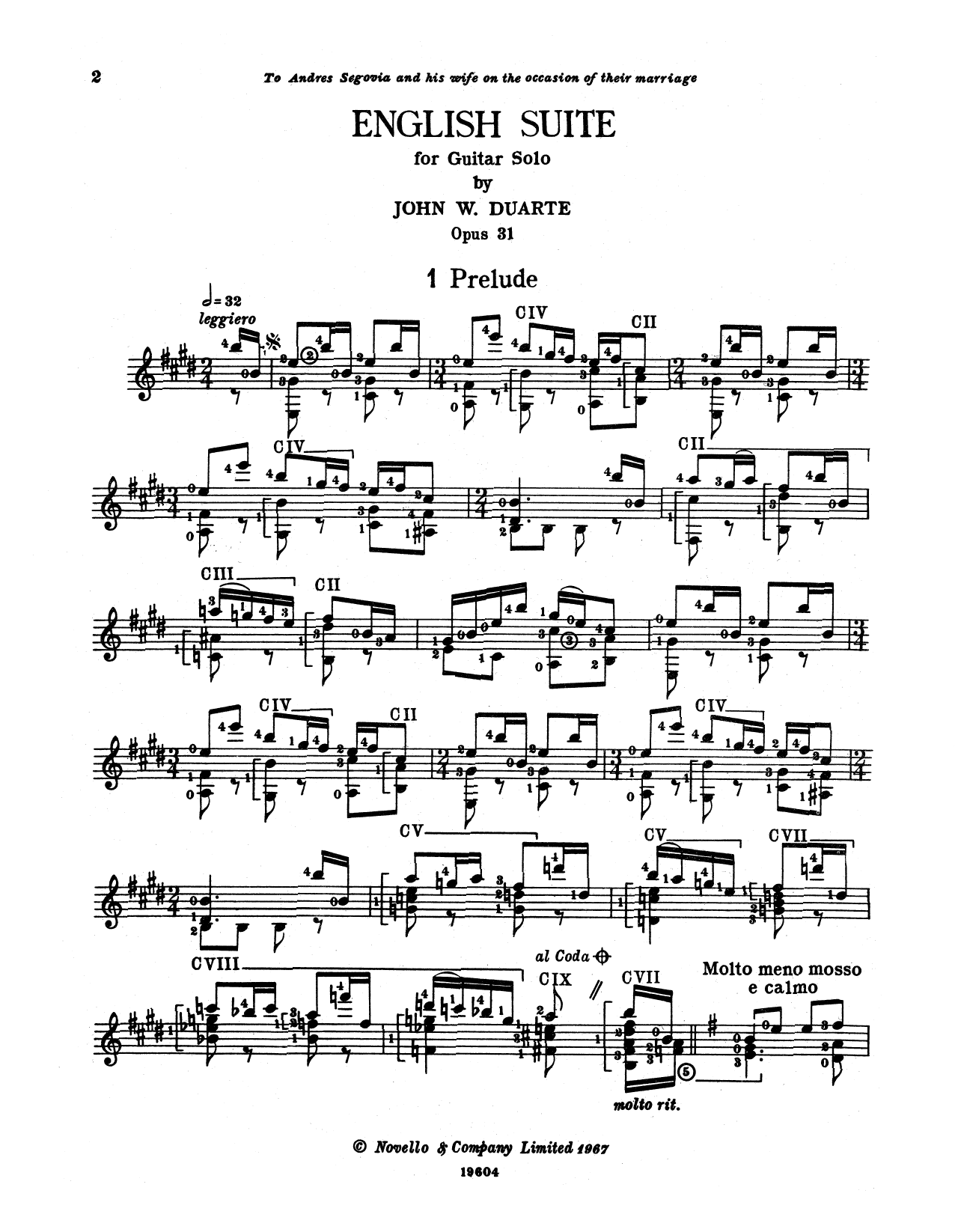 Duarte English Suite sheet music notes and chords arranged for Solo Guitar