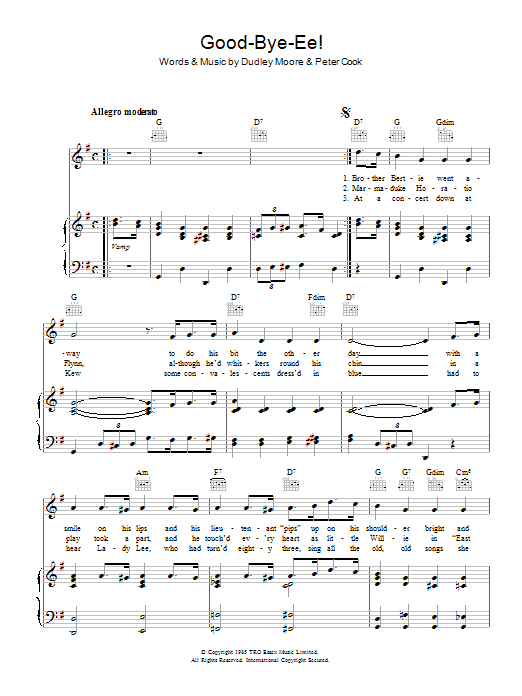 Dudley Moore Goodbye-ee sheet music notes and chords arranged for Piano, Vocal & Guitar Chords