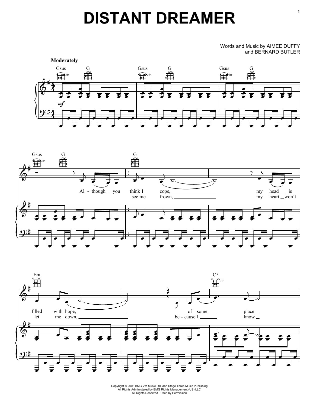 Duffy Distant Dreamer sheet music notes and chords arranged for Piano, Vocal & Guitar Chords (Right-Hand Melody)