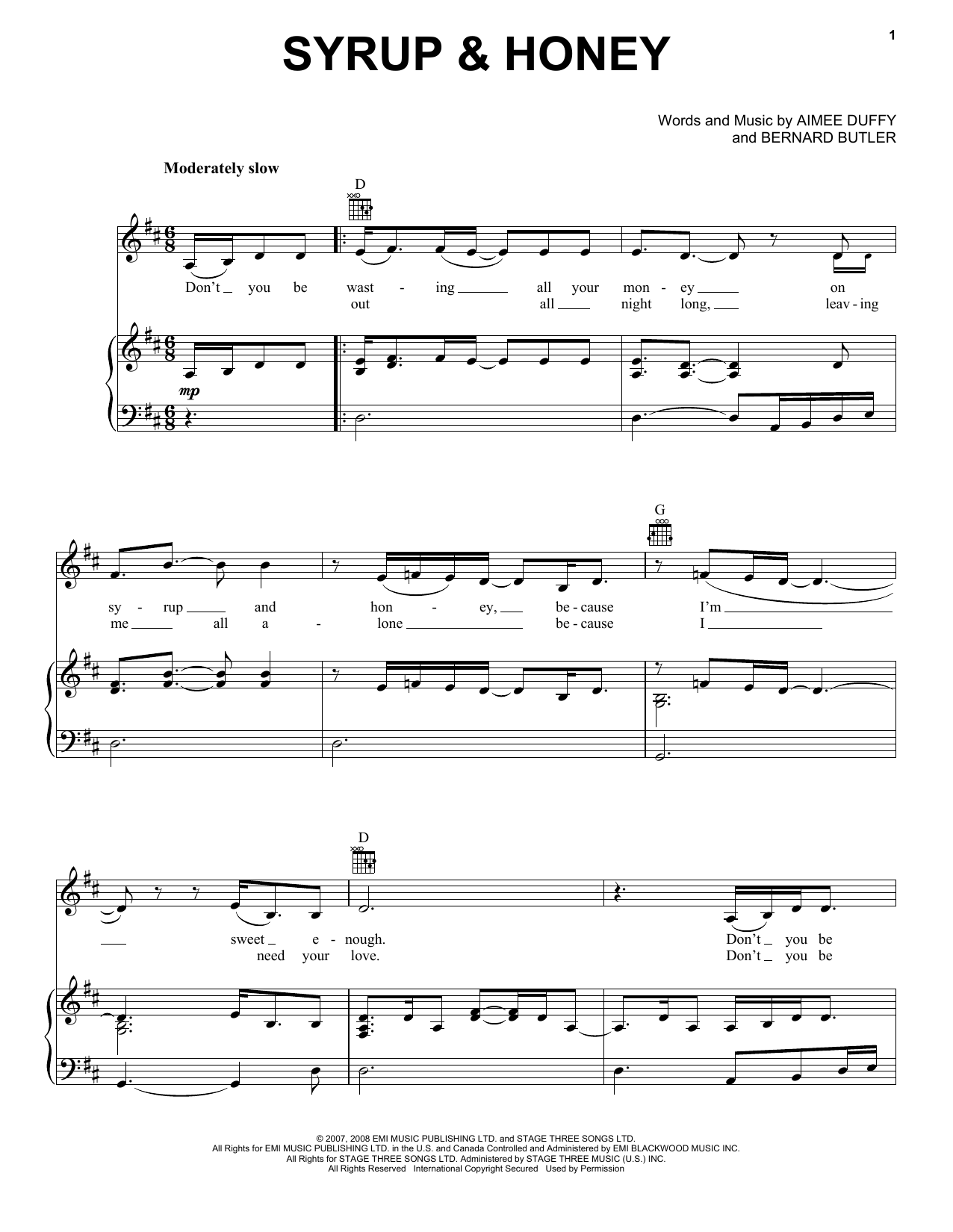Duffy Syrup & Honey sheet music notes and chords arranged for Piano, Vocal & Guitar Chords (Right-Hand Melody)