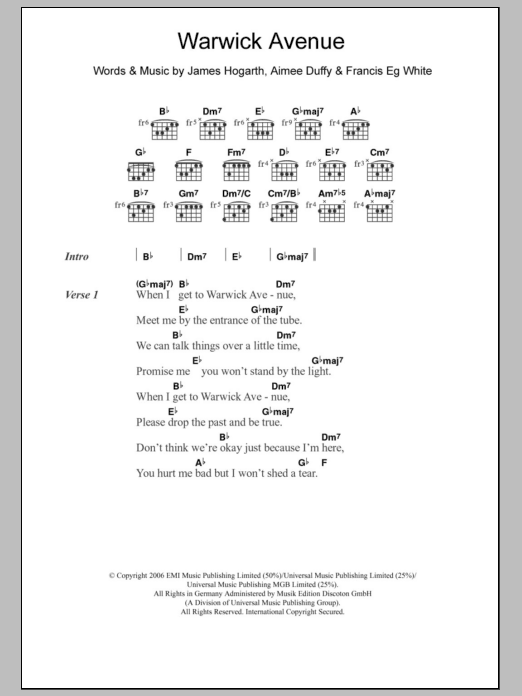 Duffy Warwick Avenue sheet music notes and chords arranged for Guitar Chords/Lyrics