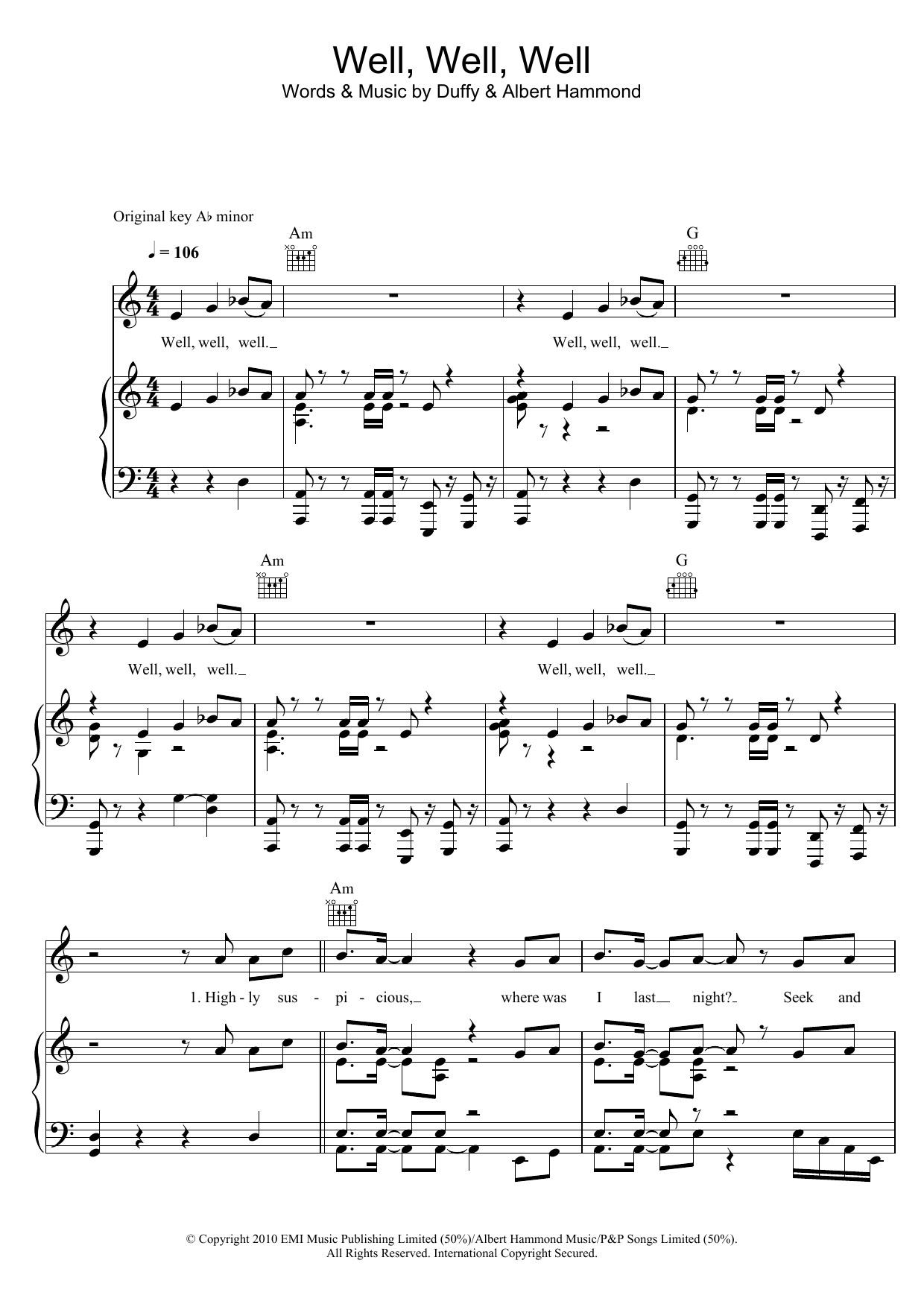 Duffy Well, Well, Well sheet music notes and chords arranged for Piano, Vocal & Guitar Chords