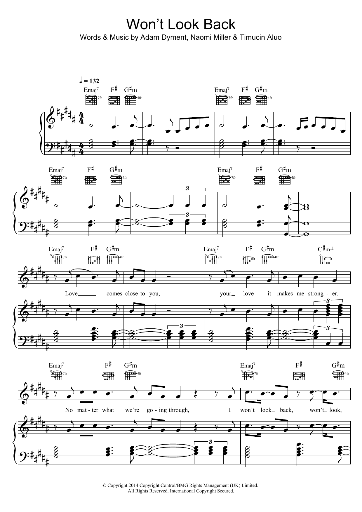 Duke Dumont Won't Look Back sheet music notes and chords arranged for Piano, Vocal & Guitar Chords