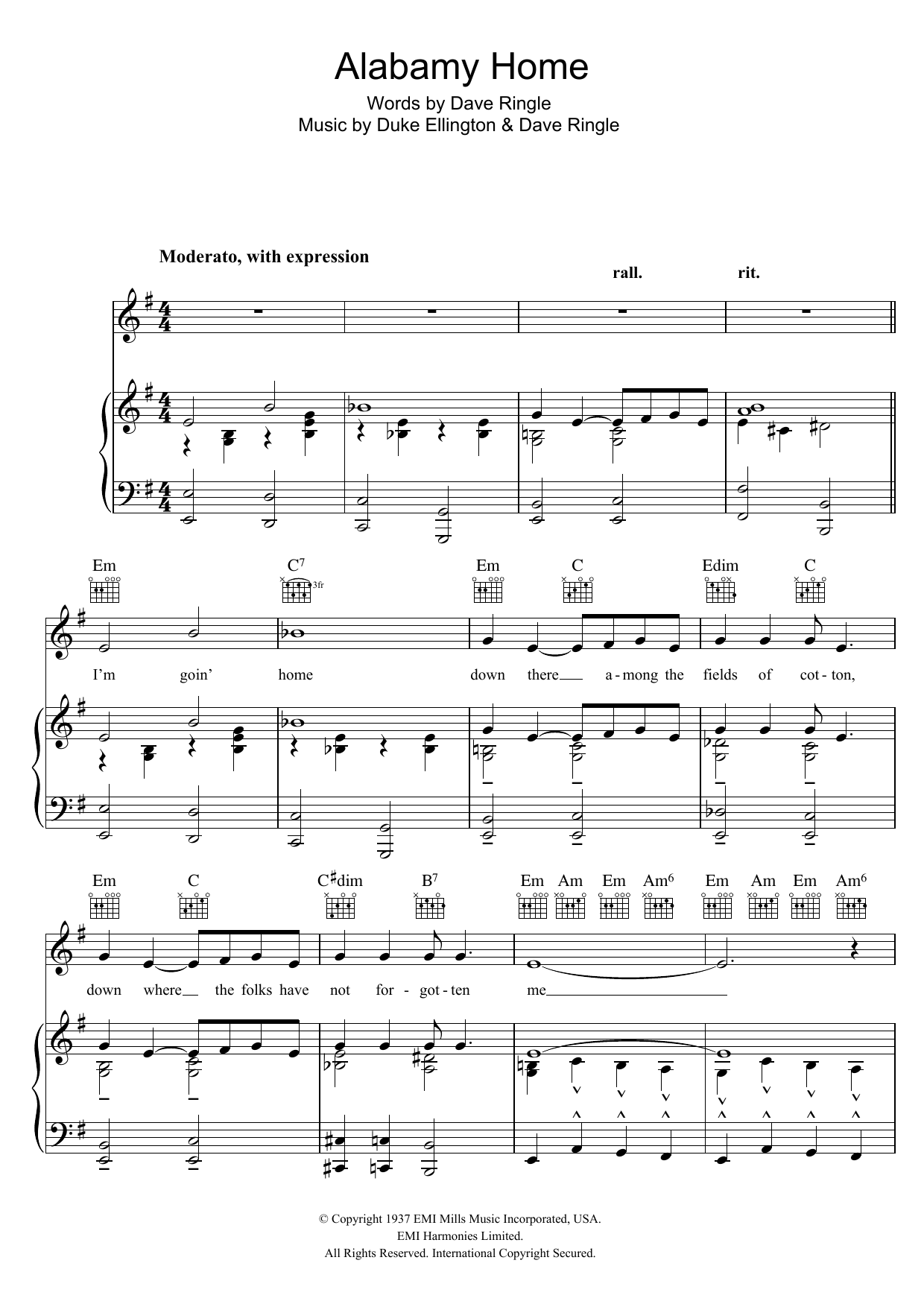 Duke Ellington Alabamy Home sheet music notes and chords arranged for Piano, Vocal & Guitar Chords