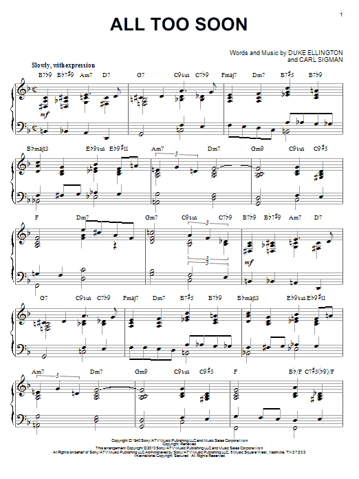 Duke Ellington All Too Soon (arr. Brent Edstrom) sheet music notes and chords arranged for Piano Solo