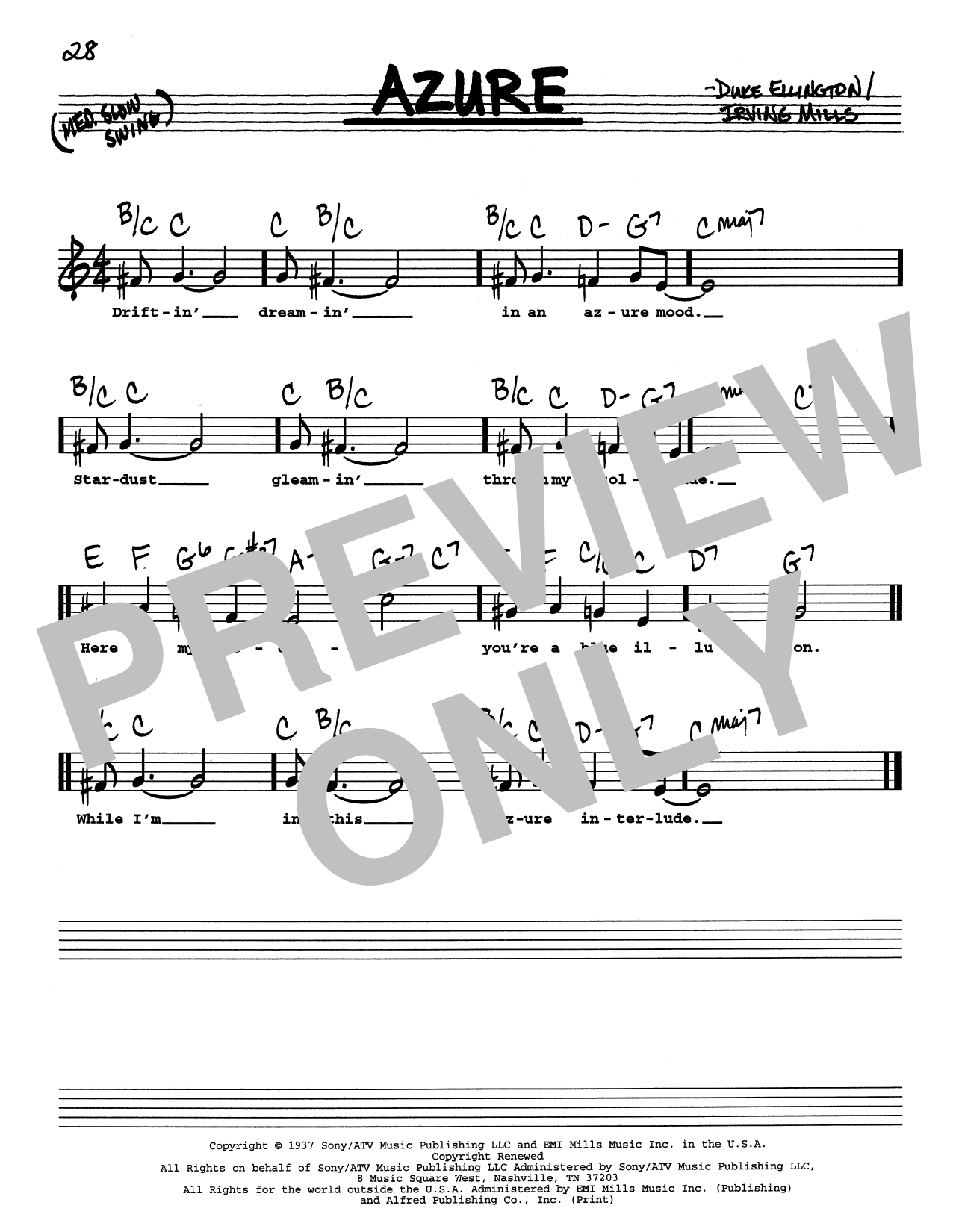 Duke Ellington Azure (Low Voice) sheet music notes and chords arranged for Real Book – Melody, Lyrics & Chords