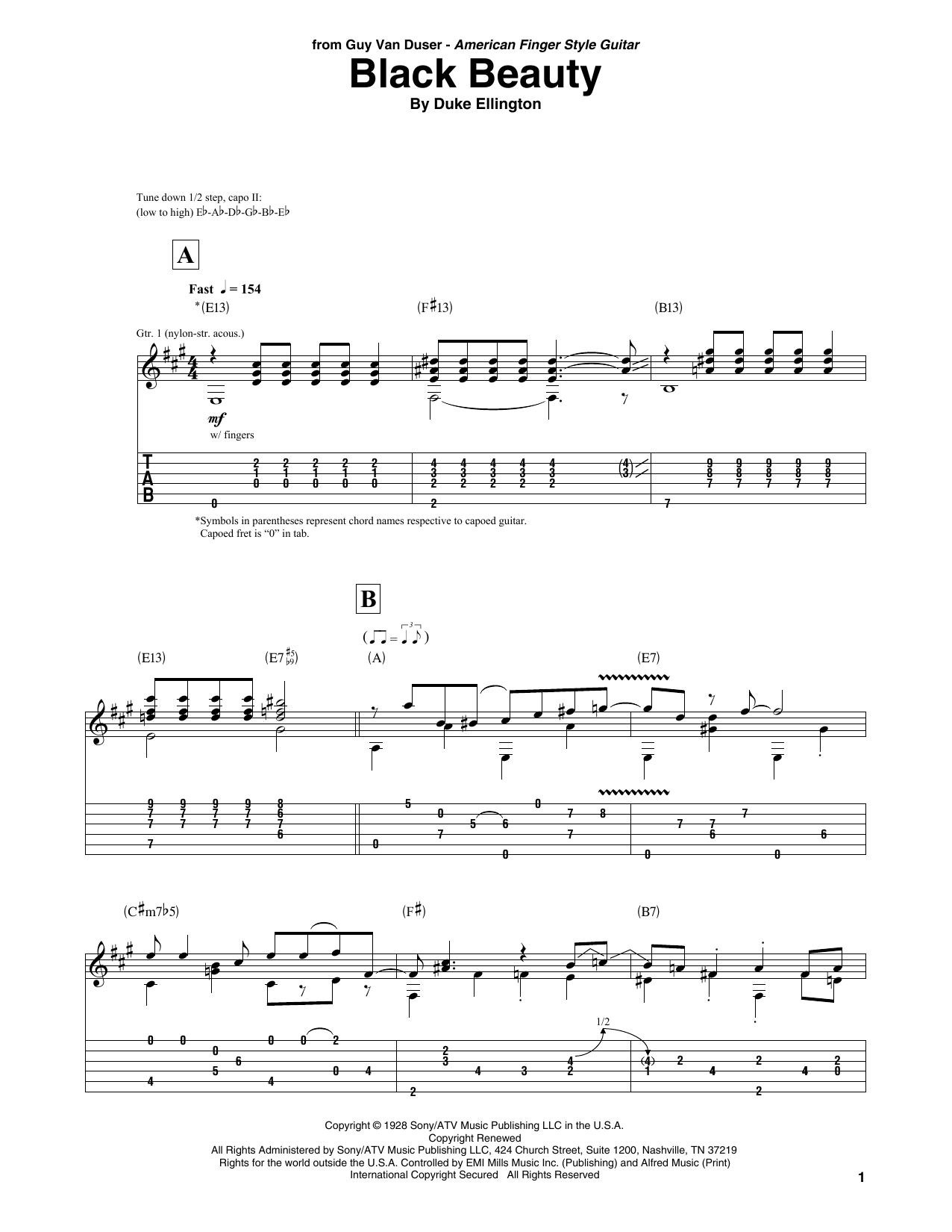 Duke Ellington Black Beauty sheet music notes and chords arranged for Solo Guitar