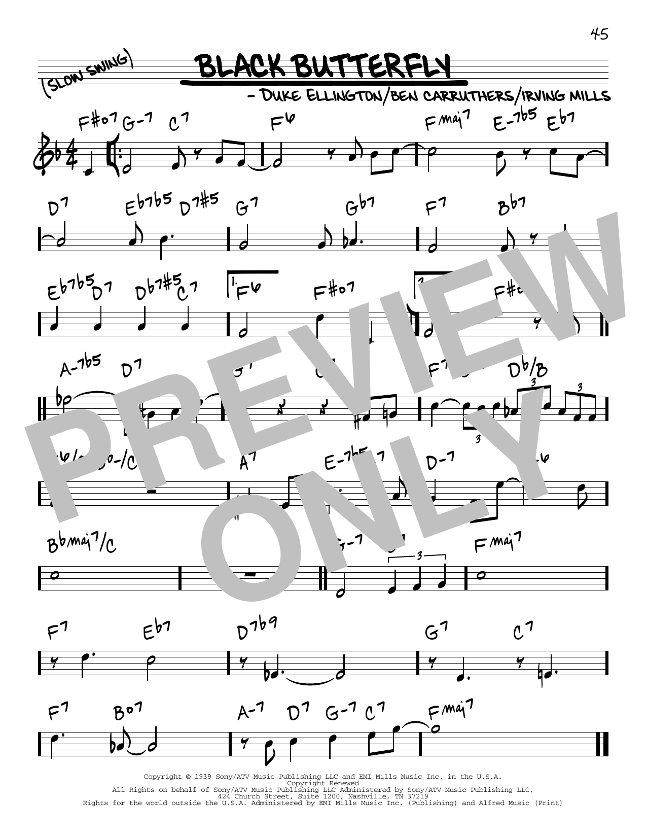Duke Ellington Black Butterfly sheet music notes and chords arranged for Real Book – Melody & Chords