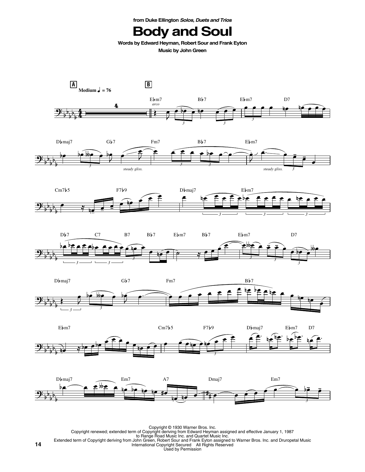 Duke Ellington Body And Soul sheet music notes and chords arranged for String Bass Transcription
