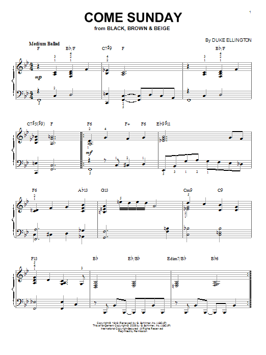 Duke Ellington Come Sunday (arr. Brent Edstrom) sheet music notes and chords arranged for Piano Solo