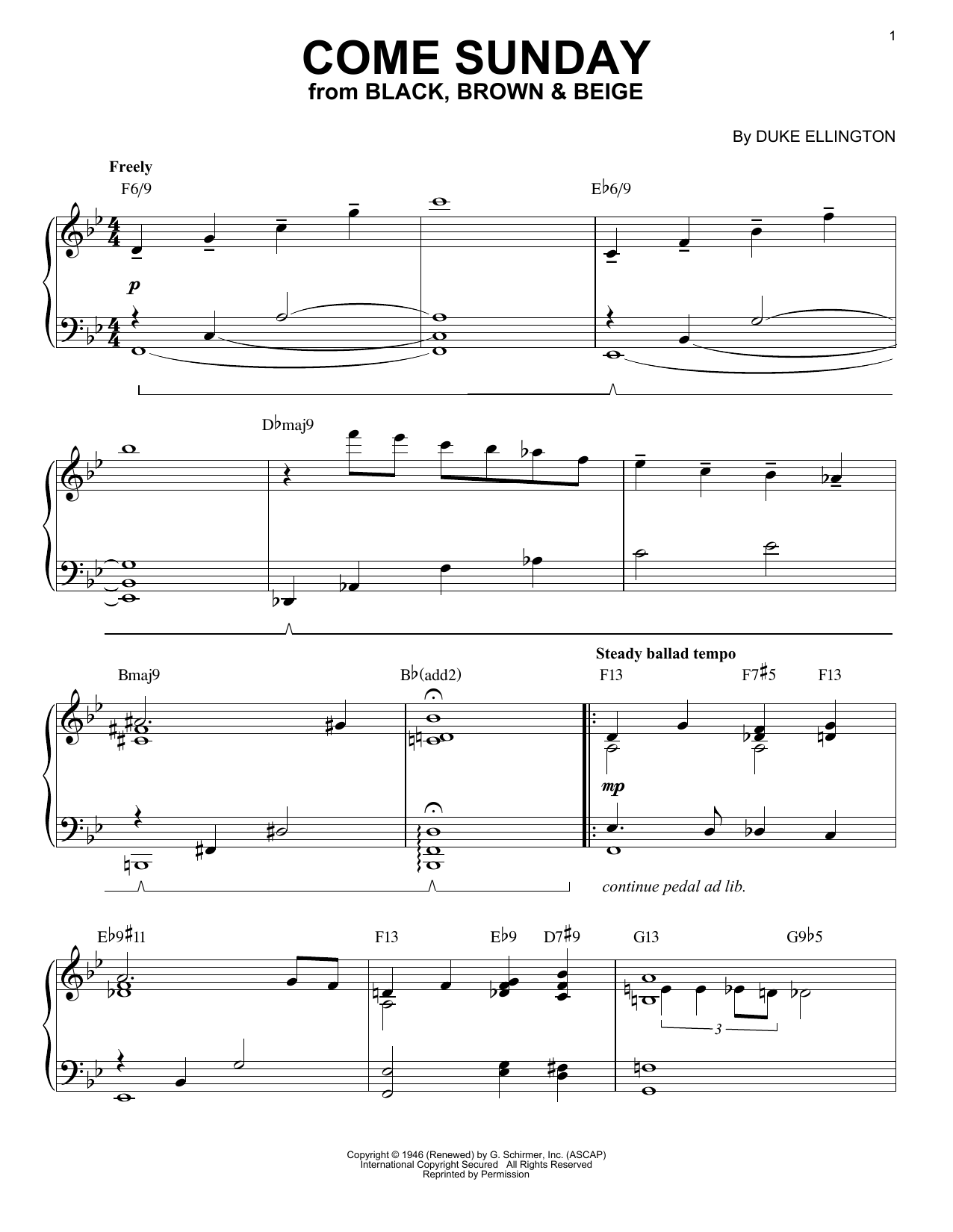 Duke Ellington Come Sunday [Jazz version] (arr. Brent Edstrom) sheet music notes and chords arranged for Piano Solo
