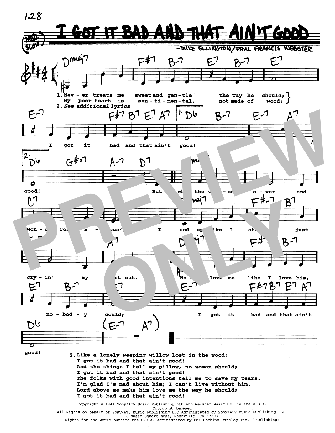 Duke Ellington I Got It Bad And That Ain't Good (Low Voice) sheet music notes and chords arranged for Real Book – Melody, Lyrics & Chords