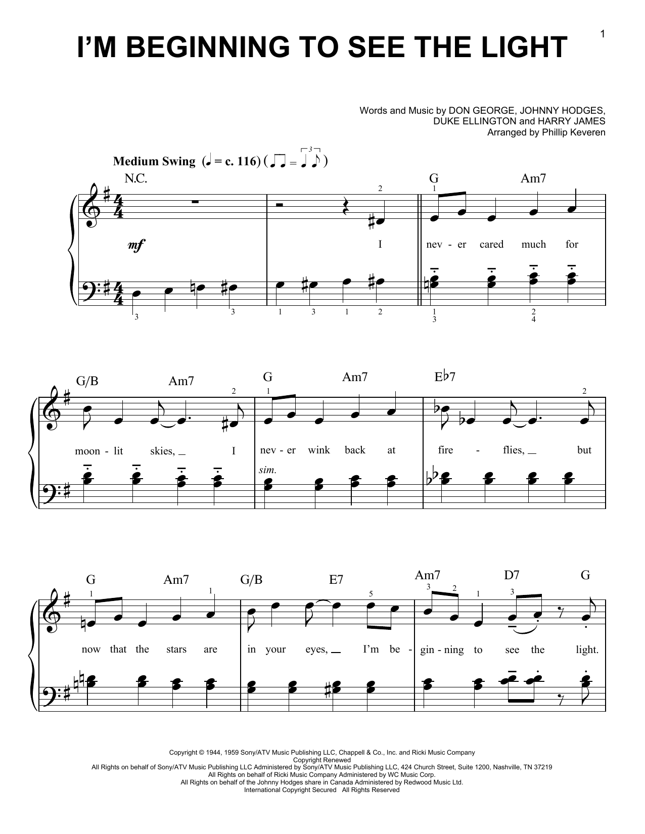 Duke Ellington I'm Beginning To See The Light (arr. Phillip Keveren) sheet music notes and chords arranged for Easy Piano