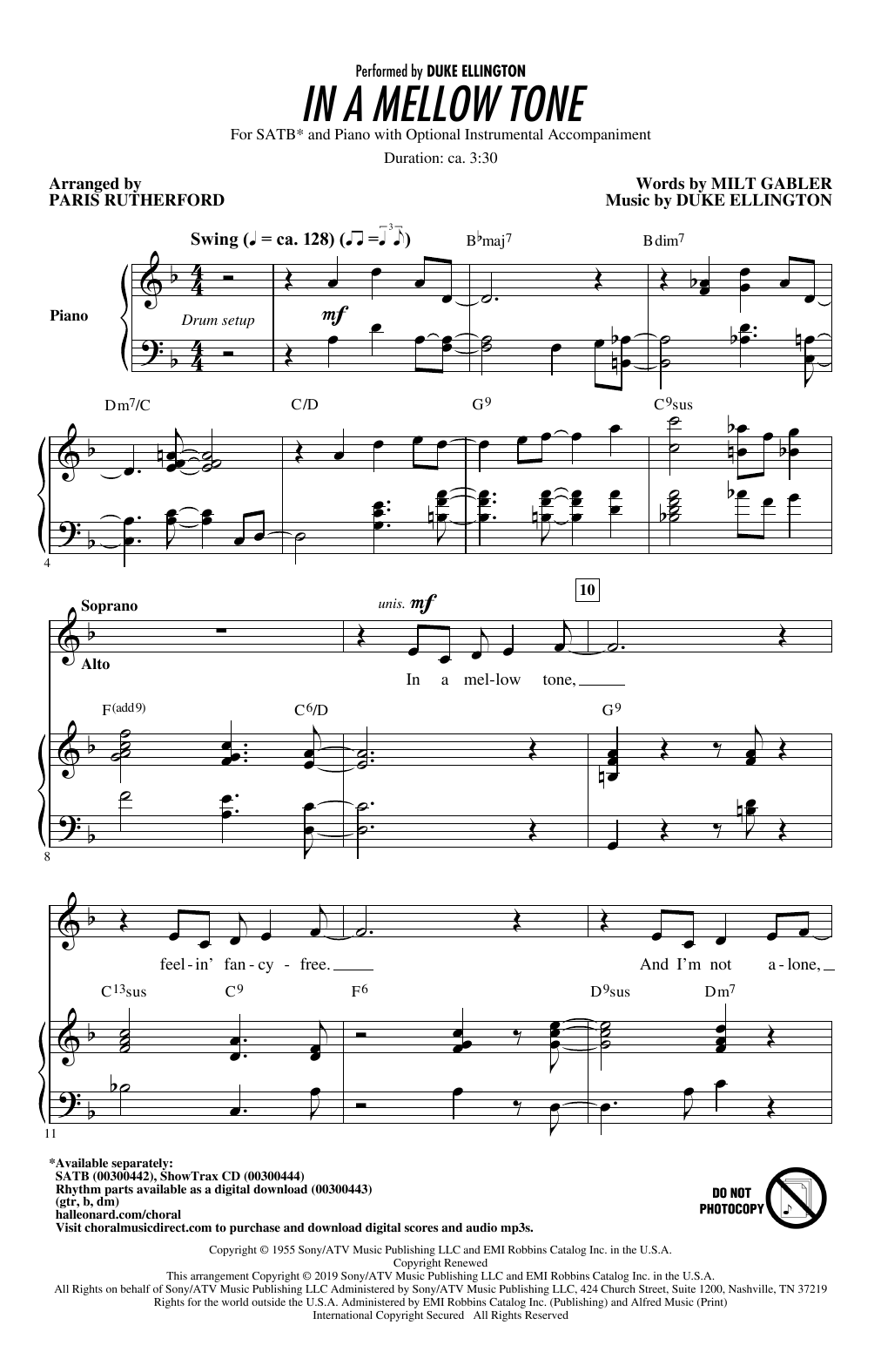 Duke Ellington In A Mellow Tone (arr. Paris Rutherford) sheet music notes and chords arranged for SATB Choir