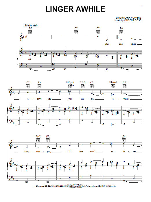 Duke Ellington Linger Awhile sheet music notes and chords arranged for Piano, Vocal & Guitar Chords (Right-Hand Melody)
