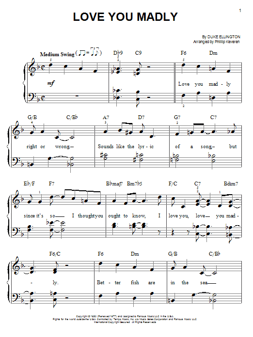 Duke Ellington Love You Madly (arr. Phillip Keveren) sheet music notes and chords arranged for Easy Piano