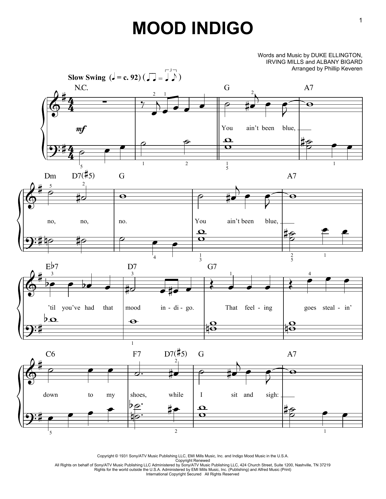 Duke Ellington Mood Indigo (arr. Phillip Keveren) sheet music notes and chords arranged for Easy Piano