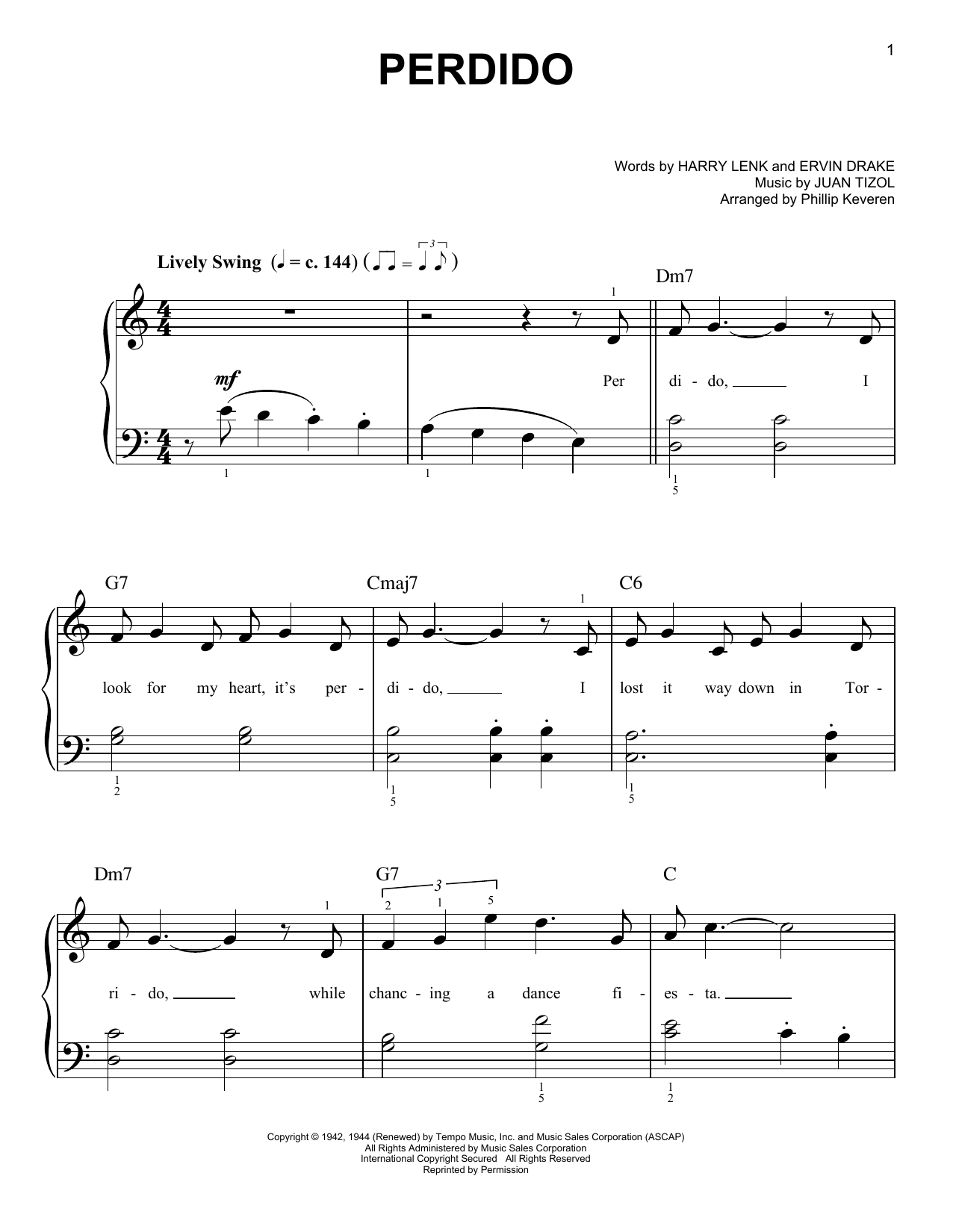 Duke Ellington Perdido (arr. Phillip Keveren) sheet music notes and chords arranged for Easy Piano