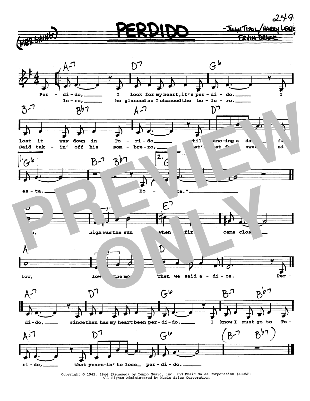 Duke Ellington Perdido (Low Voice) sheet music notes and chords arranged for Real Book – Melody, Lyrics & Chords