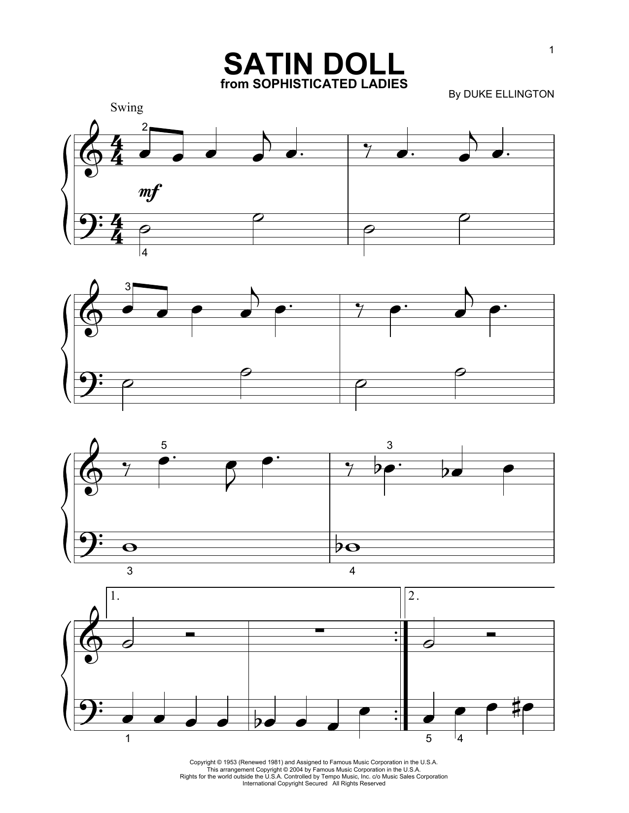 Duke Ellington Satin Doll (from Sophisticated Ladies) sheet music notes and chords arranged for Big Note Piano