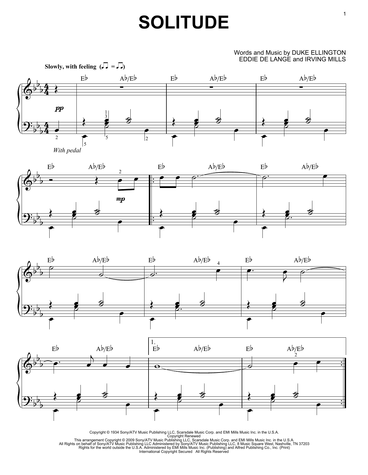 Duke Ellington Solitude (arr. Brent Edstrom) sheet music notes and chords arranged for Piano Solo