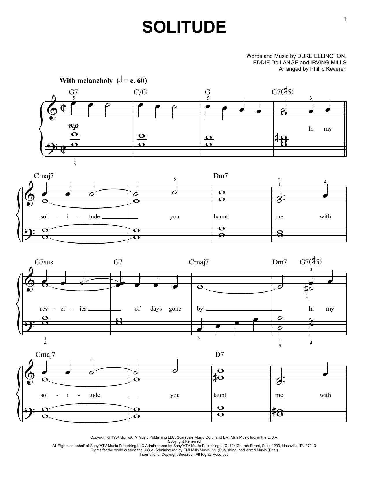 Duke Ellington Solitude (arr. Phillip Keveren) sheet music notes and chords arranged for Easy Piano
