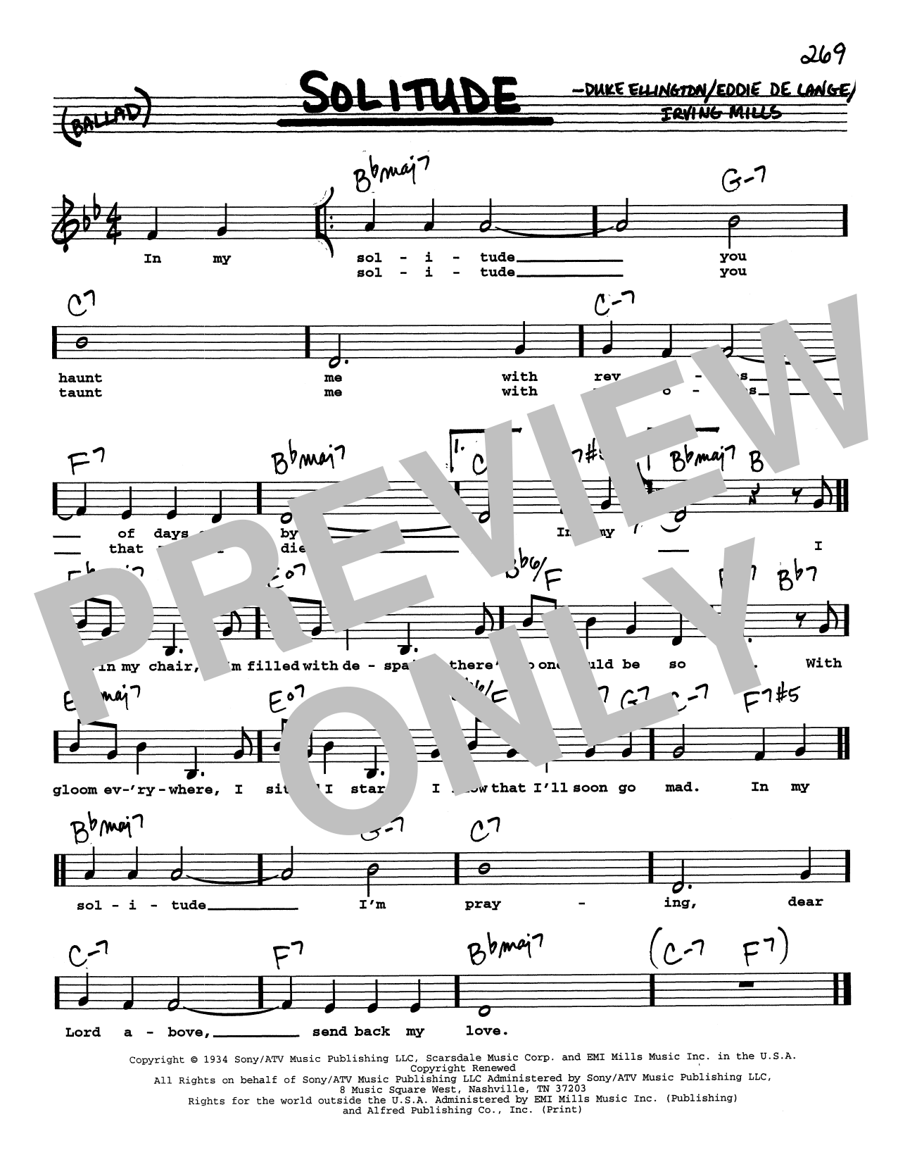 Duke Ellington Solitude (Low Voice) sheet music notes and chords arranged for Real Book – Melody, Lyrics & Chords