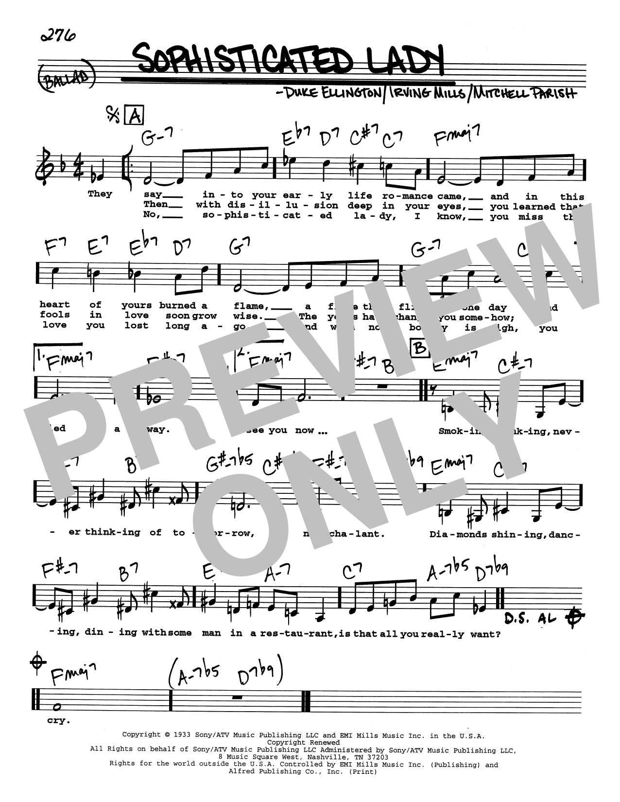Duke Ellington Sophisticated Lady (Low Voice) sheet music notes and chords arranged for Real Book – Melody, Lyrics & Chords