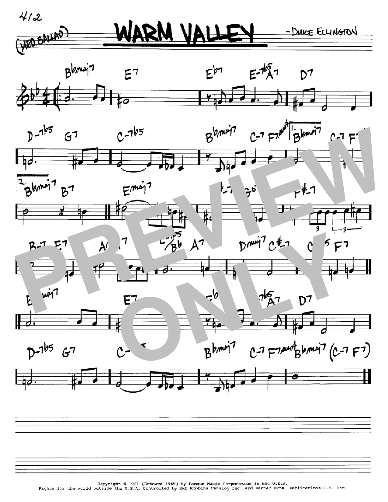 Duke Ellington Warm Valley sheet music notes and chords arranged for Real Book – Melody & Chords – Bass Clef Instruments