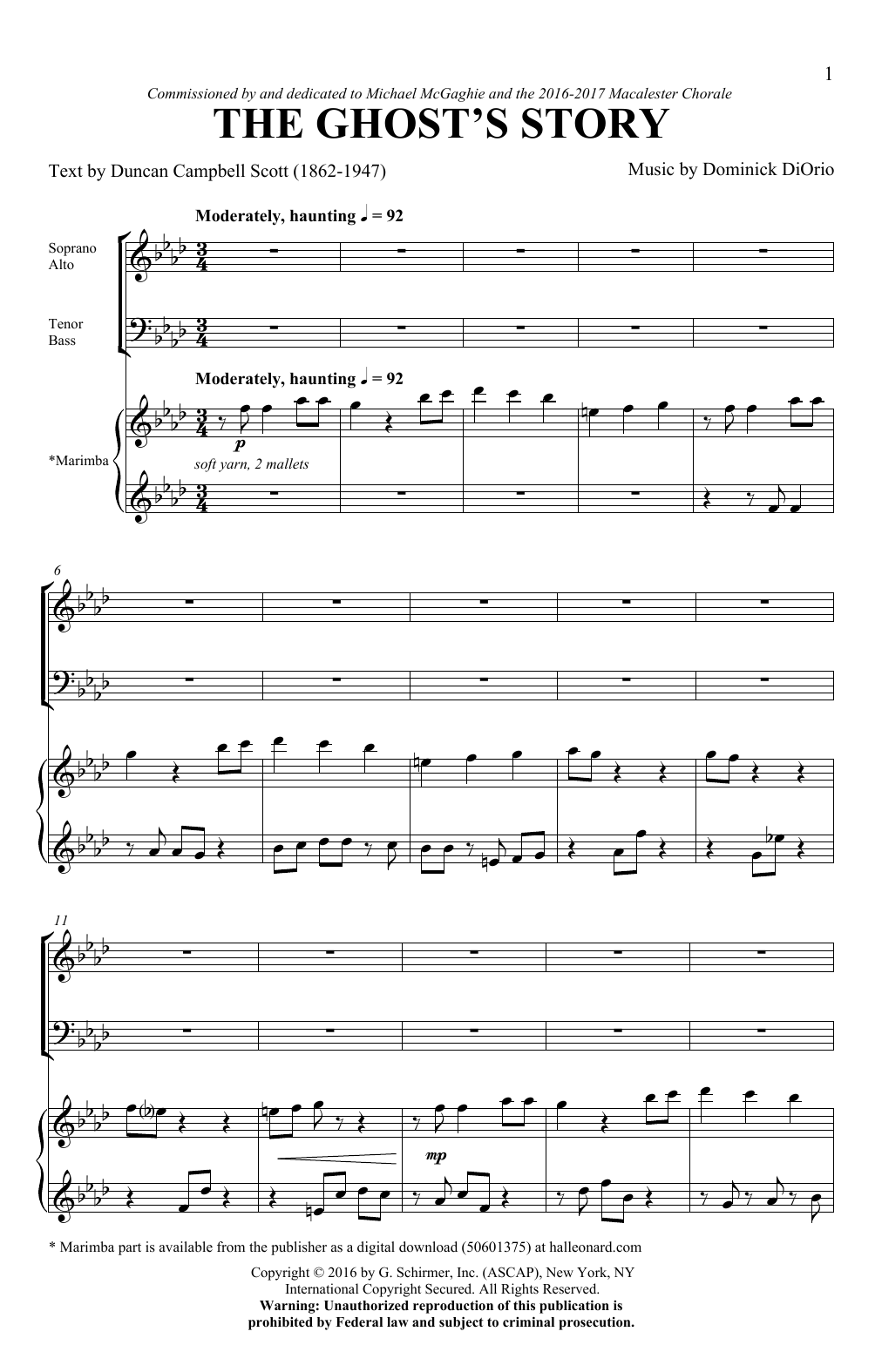 Duncan Campbell Scott & Dominick DiOrio The Ghost's Story sheet music notes and chords arranged for SATB Choir