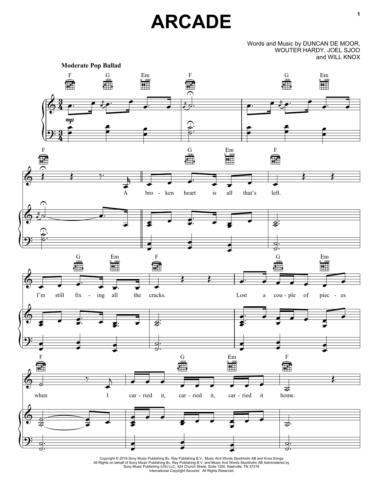 Duncan Laurence Arcade sheet music notes and chords arranged for Easy Piano