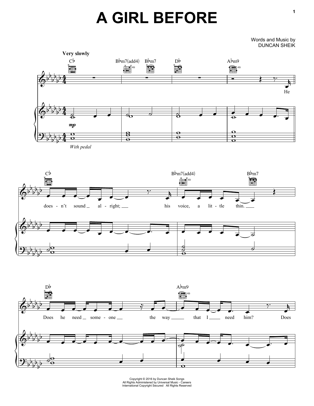 Duncan Sheik A Girl Before sheet music notes and chords arranged for Piano, Vocal & Guitar Chords (Right-Hand Melody)